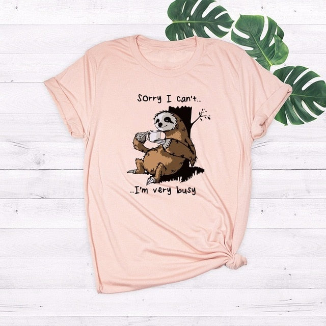 JCGO Women T-shirt Summer Short Sleeve Cotton Plus Size S-5XL Cute Lazy Sloth Print Funny Casual O Neck Female Tshirt Tees Tops