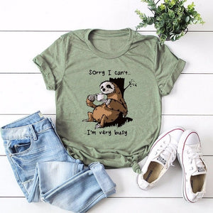 JCGO Women T-shirt Summer Short Sleeve Cotton Plus Size S-5XL Cute Lazy Sloth Print Funny Casual O Neck Female Tshirt Tees Tops