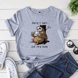 JCGO Women T-shirt Summer Short Sleeve Cotton Plus Size S-5XL Cute Lazy Sloth Print Funny Casual O Neck Female Tshirt Tees Tops