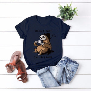 JCGO Women T-shirt Summer Short Sleeve Cotton Plus Size S-5XL Cute Lazy Sloth Print Funny Casual O Neck Female Tshirt Tees Tops