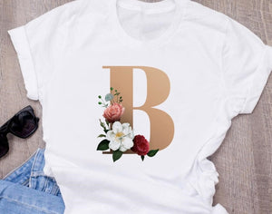 Custom name letter combination women's High quality printing T-shirt Flower letter Font A B C D E F G Short sleeve Clothes