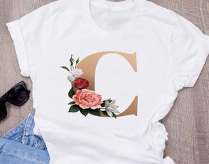 Custom name letter combination women's High quality printing T-shirt Flower letter Font A B C D E F G Short sleeve Clothes