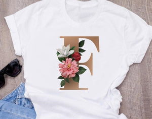 Custom name letter combination women's High quality printing T-shirt Flower letter Font A B C D E F G Short sleeve Clothes