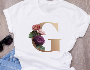 Custom name letter combination women's High quality printing T-shirt Flower letter Font A B C D E F G Short sleeve Clothes