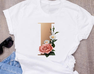 Custom name letter combination women's High quality printing T-shirt Flower letter Font A B C D E F G Short sleeve Clothes