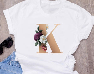 Custom name letter combination women's High quality printing T-shirt Flower letter Font A B C D E F G Short sleeve Clothes