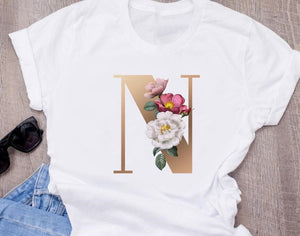 Custom name letter combination women's High quality printing T-shirt Flower letter Font A B C D E F G Short sleeve Clothes