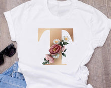 Custom name letter combination women's High quality printing T-shirt Flower letter Font A B C D E F G Short sleeve Clothes