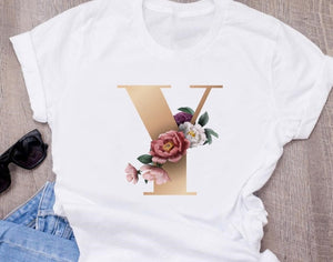 Custom name letter combination women's High quality printing T-shirt Flower letter Font A B C D E F G Short sleeve Clothes