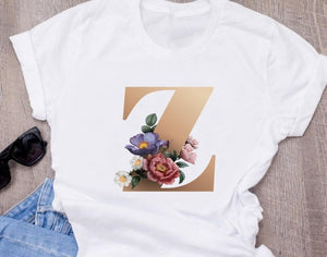 Custom name letter combination women's High quality printing T-shirt Flower letter Font A B C D E F G Short sleeve Clothes