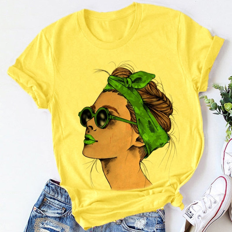Yellow Plus Size T-shirt Women Summer Vogue Print Lady Casual T Shirt Tops Harajuku Streetwear Short Sleeve O-Neck Tees Tshirt