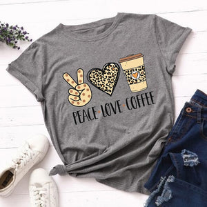 Fashion T Shirt Woman 2020 Tops Tshirt Leopard Peace Love Coffee Streetwear Casual O-neck T-shirt Summer Female Tee Shirts Women