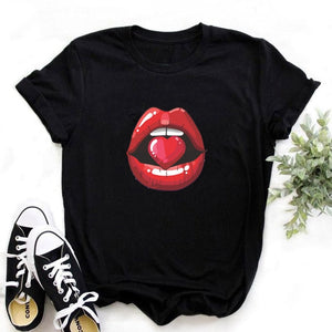 2020 Hot Harajuku Shiny red lips Graphic T Shirt Women Cartoon Grunge T-shirt Fashion Tshirt Ullzang Top Tee Female ropa mujer