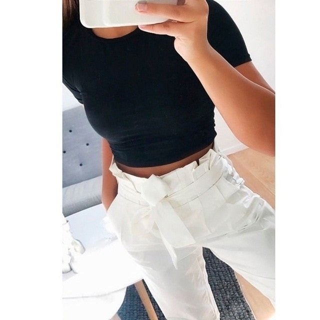 Summer Women Fashion Crop Top Shirt Solid Color O-Neck Short Sleeve T-shirt  Casual Tees Basic Black White