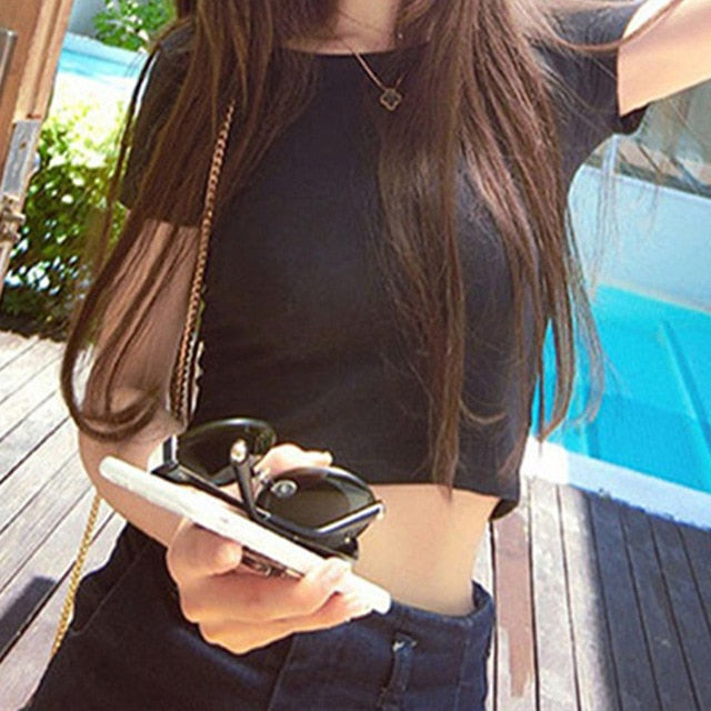 Summer Women Fashion Crop Top Shirt Solid Color O-Neck Short Sleeve T-shirt  Casual Tees Basic Black White