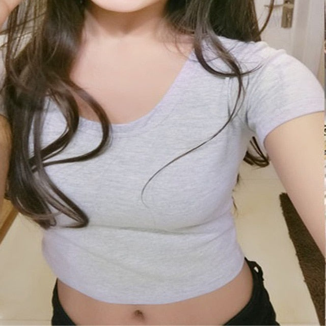 Summer Women Fashion Crop Top Shirt Solid Color O-Neck Short Sleeve T-shirt  Casual Tees Basic Black White