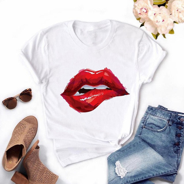 Women Red Mouth Lip Kiss Printed Girl Black Tshirt Summer Funny Leopard Graphic Tee Shirt Femme Vogue Harajuku T Shirt,Drop Ship
