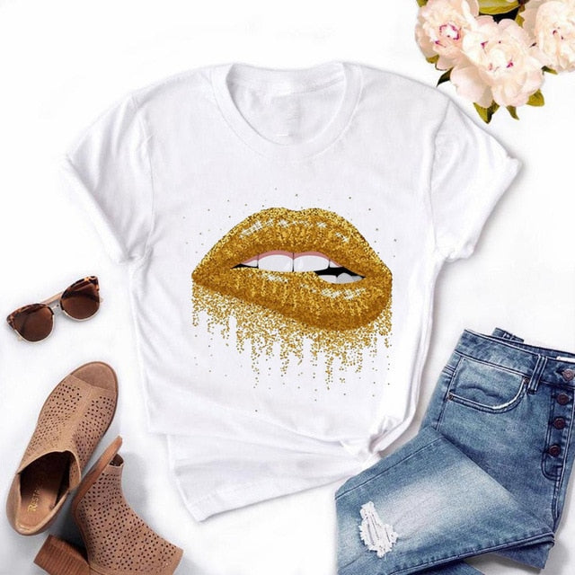 Women Red Mouth Lip Kiss Printed Girl Black Tshirt Summer Funny Leopard Graphic Tee Shirt Femme Vogue Harajuku T Shirt,Drop Ship