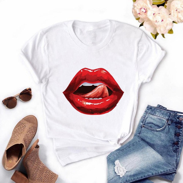 Women Red Mouth Lip Kiss Printed Girl Black Tshirt Summer Funny Leopard Graphic Tee Shirt Femme Vogue Harajuku T Shirt,Drop Ship