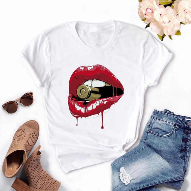 Women Red Mouth Lip Kiss Printed Girl Black Tshirt Summer Funny Leopard Graphic Tee Shirt Femme Vogue Harajuku T Shirt,Drop Ship