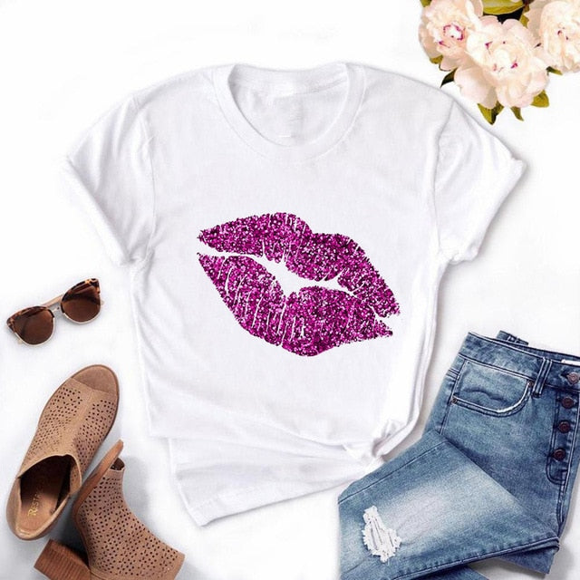 Women Red Mouth Lip Kiss Printed Girl Black Tshirt Summer Funny Leopard Graphic Tee Shirt Femme Vogue Harajuku T Shirt,Drop Ship