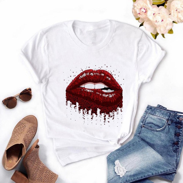 Women Red Mouth Lip Kiss Printed Girl Black Tshirt Summer Funny Leopard Graphic Tee Shirt Femme Vogue Harajuku T Shirt,Drop Ship