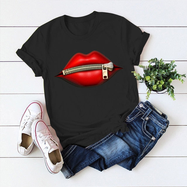 Women Red Mouth Lip Kiss Printed Girl Black Tshirt Summer Funny Leopard Graphic Tee Shirt Femme Vogue Harajuku T Shirt,Drop Ship