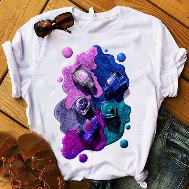 T Shirt Women Graphic 3D Finger Nail Paint Color Fashion Tops Female T-Shirts Summer Harajuku T-Shirt Short Sleeve T-shirts Top