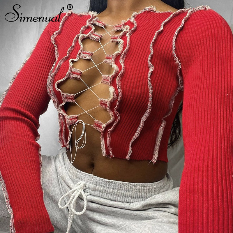 Simenual Patchwork Lace Up Long Sleeve Crop Tops Women Ribbed Sexy Party Knitwear T-Shirt Hollow Out Bodycon Club Tie Front Top
