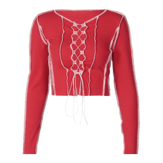 Simenual Patchwork Lace Up Long Sleeve Crop Tops Women Ribbed Sexy Party Knitwear T-Shirt Hollow Out Bodycon Club Tie Front Top