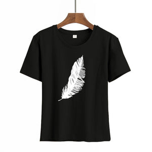 2020 Women casual Harajuku fashion t-shirt feather print loose o-neck short sleeve elastic stretched summer home new Tee Shirt