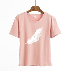 2020 Women casual Harajuku fashion t-shirt feather print loose o-neck short sleeve elastic stretched summer home new Tee Shirt