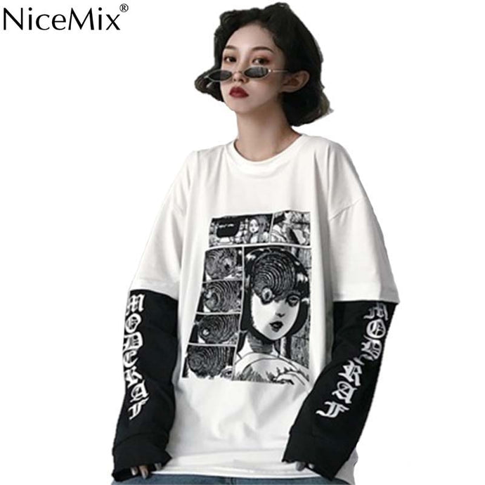 NiceMix Harajuku T-shirt Women Fake 2 Pieces Print Japanese Fujiang Horror Comics Long Sleeve Shirt Women Vetement Femme 2020