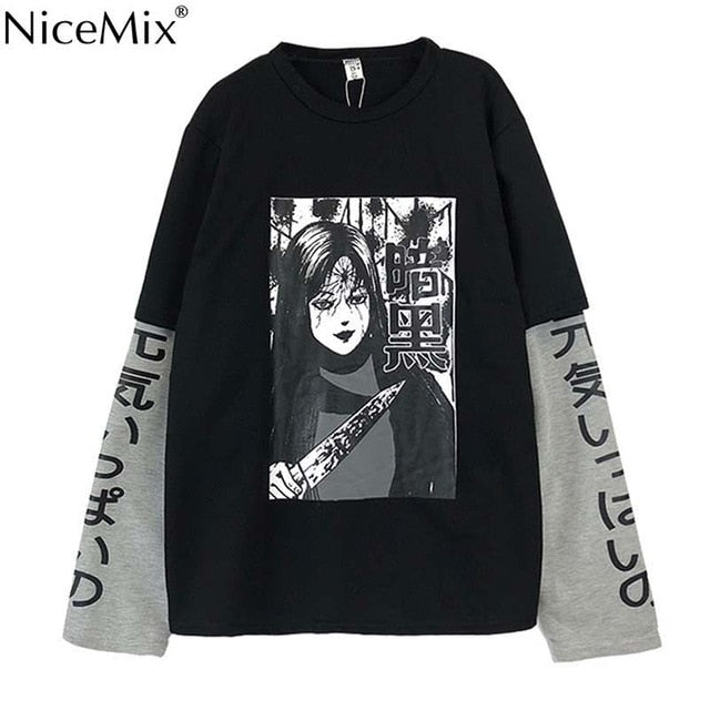 NiceMix Harajuku T-shirt Women Fake 2 Pieces Print Japanese Fujiang Horror Comics Long Sleeve Shirt Women Vetement Femme 2020