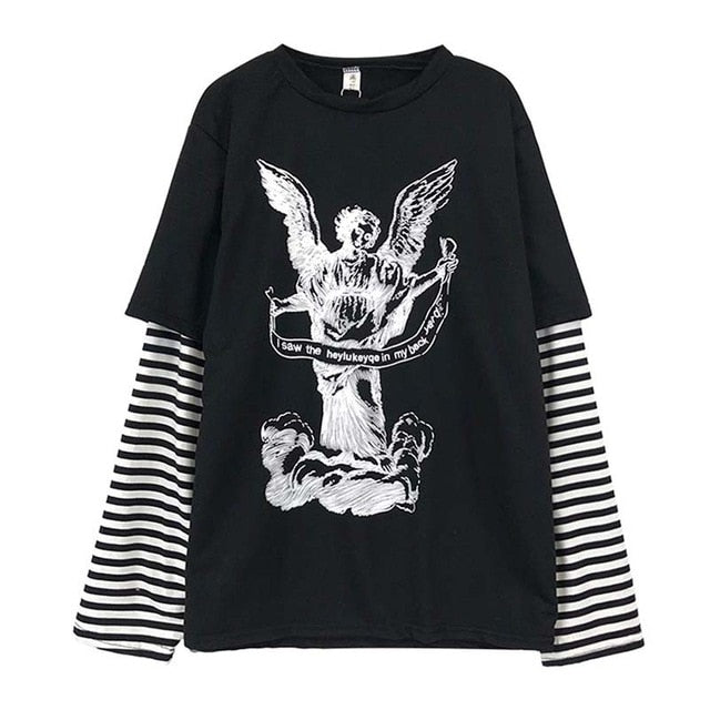 NiceMix Harajuku T-shirt Women Fake 2 Pieces Print Japanese Fujiang Horror Comics Long Sleeve Shirt Women Vetement Femme 2020