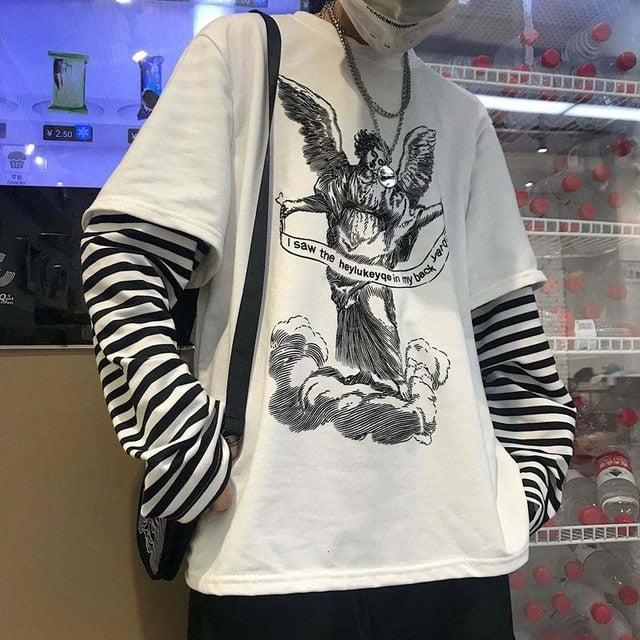 NiceMix Harajuku T-shirt Women Fake 2 Pieces Print Japanese Fujiang Horror Comics Long Sleeve Shirt Women Vetement Femme 2020
