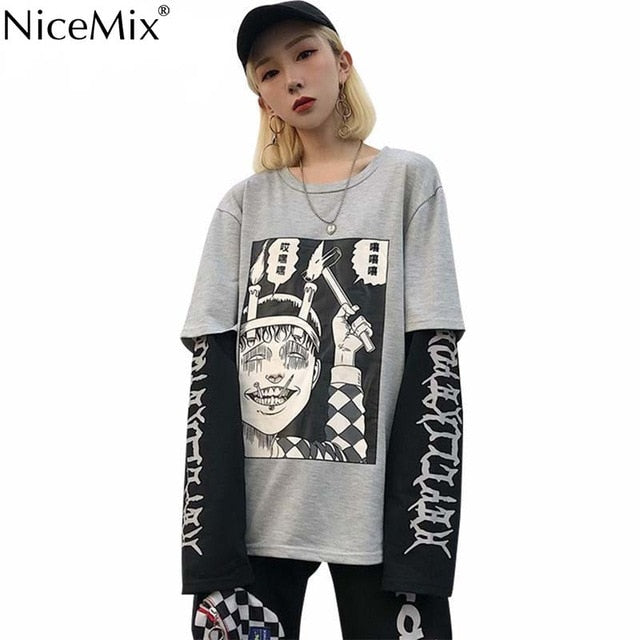 NiceMix Harajuku T-shirt Women Fake 2 Pieces Print Japanese Fujiang Horror Comics Long Sleeve Shirt Women Vetement Femme 2020