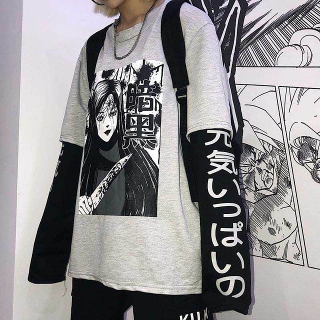 NiceMix Harajuku T-shirt Women Fake 2 Pieces Print Japanese Fujiang Horror Comics Long Sleeve Shirt Women Vetement Femme 2020