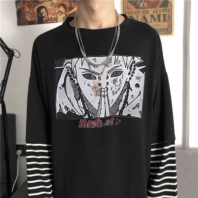 NiceMix Harajuku T-shirt Women Fake 2 Pieces Print Japanese Fujiang Horror Comics Long Sleeve Shirt Women Vetement Femme 2020