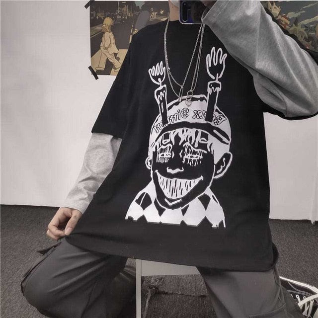 NiceMix Harajuku T-shirt Women Fake 2 Pieces Print Japanese Fujiang Horror Comics Long Sleeve Shirt Women Vetement Femme 2020