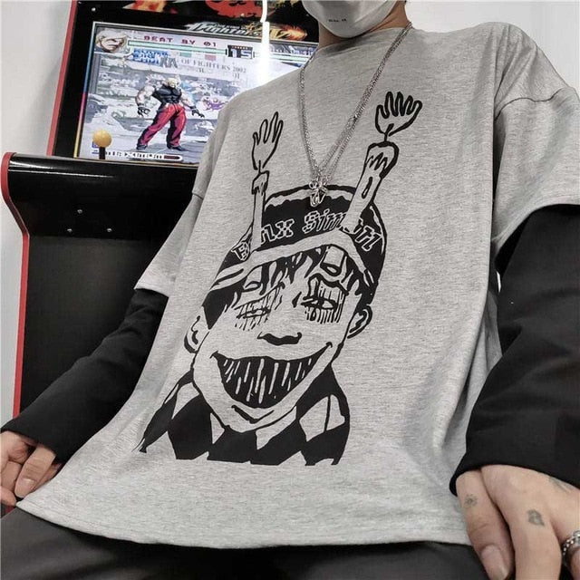 NiceMix Harajuku T-shirt Women Fake 2 Pieces Print Japanese Fujiang Horror Comics Long Sleeve Shirt Women Vetement Femme 2020