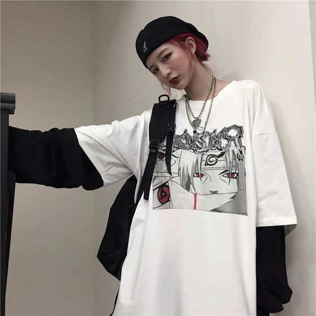 NiceMix Harajuku T-shirt Women Fake 2 Pieces Print Japanese Fujiang Horror Comics Long Sleeve Shirt Women Vetement Femme 2020