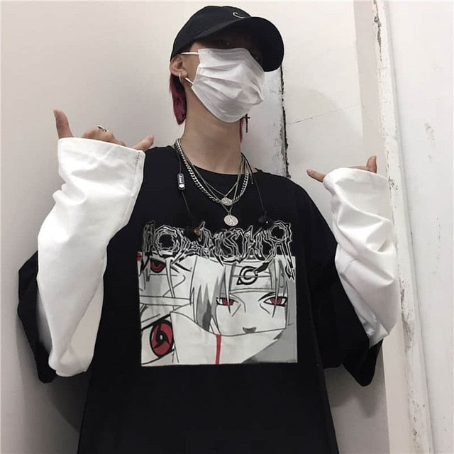 NiceMix Harajuku T-shirt Women Fake 2 Pieces Print Japanese Fujiang Horror Comics Long Sleeve Shirt Women Vetement Femme 2020