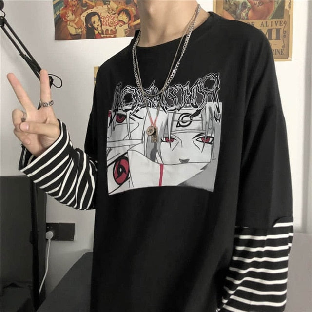 NiceMix Harajuku T-shirt Women Fake 2 Pieces Print Japanese Fujiang Horror Comics Long Sleeve Shirt Women Vetement Femme 2020