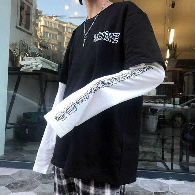 NiceMix Harajuku T-shirt Women Fake 2 Pieces Print Japanese Fujiang Horror Comics Long Sleeve Shirt Women Vetement Femme 2020
