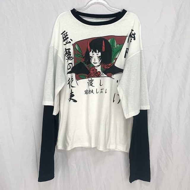NiceMix Harajuku T-shirt Women Fake 2 Pieces Print Japanese Fujiang Horror Comics Long Sleeve Shirt Women Vetement Femme 2020
