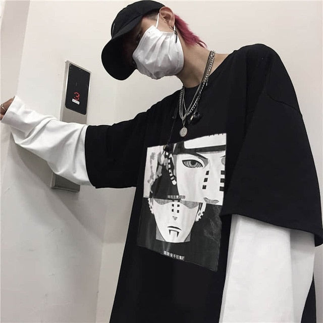 NiceMix Harajuku T-shirt Women Fake 2 Pieces Print Japanese Fujiang Horror Comics Long Sleeve Shirt Women Vetement Femme 2020