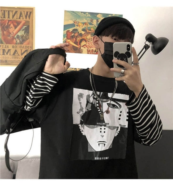 NiceMix Harajuku T-shirt Women Fake 2 Pieces Print Japanese Fujiang Horror Comics Long Sleeve Shirt Women Vetement Femme 2020