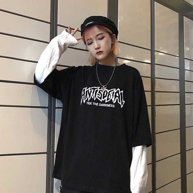 NiceMix Harajuku T-shirt Women Fake 2 Pieces Print Japanese Fujiang Horror Comics Long Sleeve Shirt Women Vetement Femme 2020