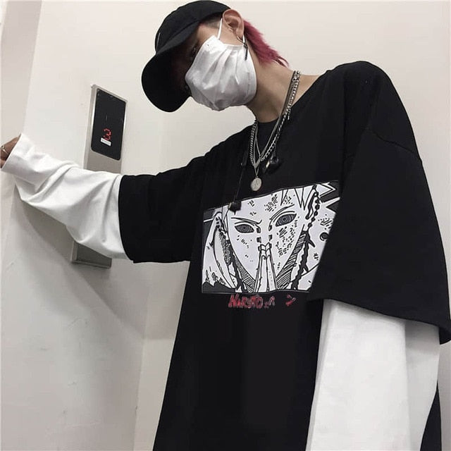 NiceMix Harajuku T-shirt Women Fake 2 Pieces Print Japanese Fujiang Horror Comics Long Sleeve Shirt Women Vetement Femme 2020